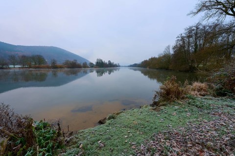 A calm winter river, with frozen banks and bare trees in the background, Laudenbach, Main,