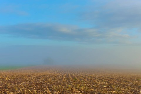 Fog-covered field with sky in autumn, quiet and spacious, Mönchberg, Miltenberg, Spessart, Bavaria,