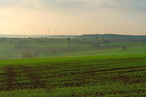 Wide green fields under a cloudy sky with wind turbines in the distance, Hornbach, Walldürn,