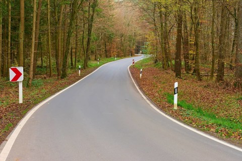 Asphalt road through autumnal forest with several bends, Buchen, Odenwald, Neckar-Odenwald