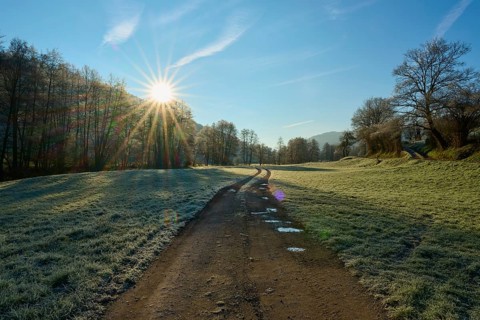 Path in an expansive winter landscape in the light of the rising sun, Kirchzell, Amorbach,
