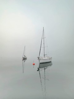 Sailboats in the fog on Lake Starnberg, Bavaria, Germany