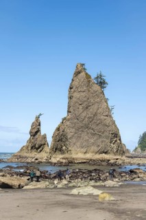 Large rocks protrude from a sandy beach against a clear blue sky, people walk along the shore,