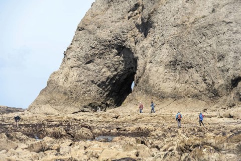 Large rock with a hole and people in the foreground, Hole in The Wall, Rialto Beach, Olympic