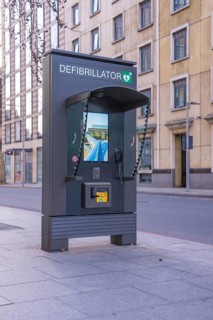 Defibrillator on a city street ready for emergency use in urban areas, London, United Kingdom,
