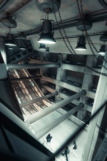 Futuristic space with industrial lamps and concrete architecture, Westminster Station, London,