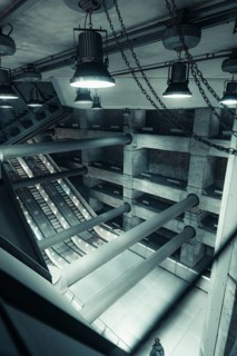 Futuristic interior with industrial elements and concrete, Westminster Station, London, United
