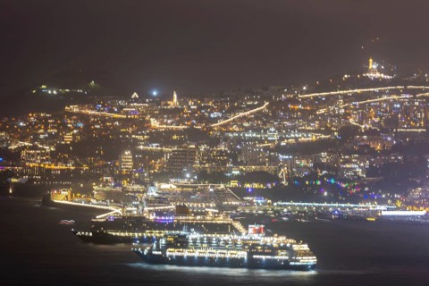 New Year's Eve, dusk, Atlantic Ocean, harbour with cruise ships, Funchal, Madeira, Portugal