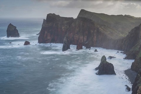 Long exposure of rock formations in the Atlantic Ocean, volcanic peninsula, Ponta de São Lourenço,
