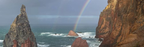 Sunset, rainbow at sea, volcanic peninsula, Ponta de São Lourenço, Ponta de Sao Lourenco, rocky