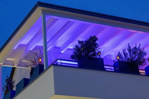 Modern roof terrace with atmospheric LED lighting in changing colors
