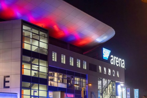 Illuminated SAP arena in Mannheim at an Adler Mannheim evening game
