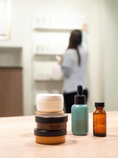 Skincare jars and serum bottles on a wooden table with an aesthetician arranging products in a