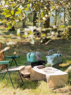 Relaxing picnic scene with baskets, chair, and table in a sunny park