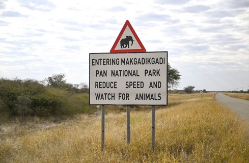 Sign near the entrance to Makgadikgadi Pans National Park, near Gewta, Central District, Botswana