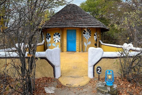 Round cabin, guest accommodation, Planet Baobab, lodge near the village of Gweta, Makgadikgadi Pans