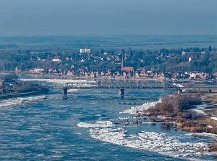 Icy riverbanks on the Elbe near Hohnstorf, Lüneburg district, on a cold winter day. In the