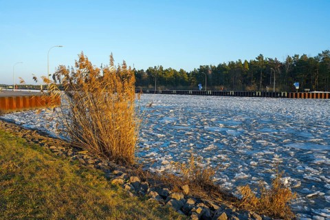 Winter landscape with canal lined with reeds and trees under clear blue sky, ice floes, Hohenwarthe