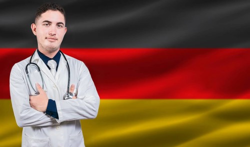 Portrait of medical professional on Germany flag background. German national health system