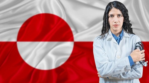 Greenlandic national health system, Medical professional on Greenland flag background