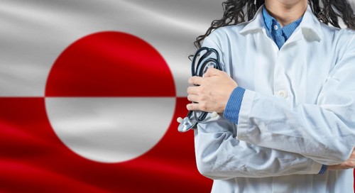 Healthcare professional with Greenland flag background. Professional doctor holding stethoscope on