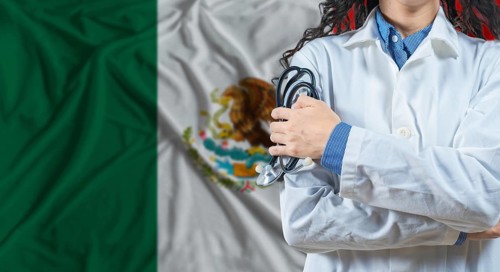 Healthcare professional with Mexico flag background. Professional doctor holding stethoscope on