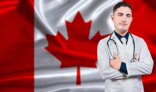 Portrait of medical professional on Canada flag background. Canadian national health system