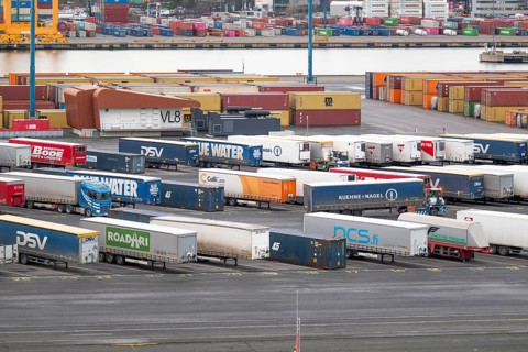 Port facility, truck trailer, container loading, Helsinki, Finland