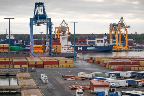 Cranes, cargo ship, port facility, container loading, Helsinki, Finland