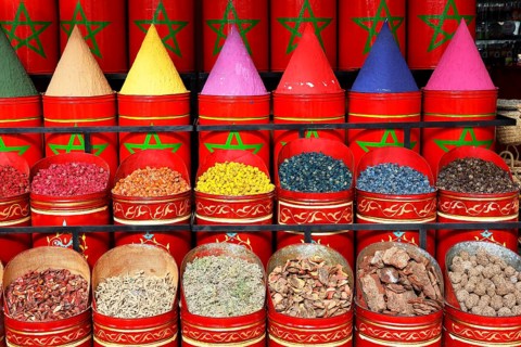 Sales stand selling spices and herbs at a market in Marrakech, historic old town, Medina, UNESCO