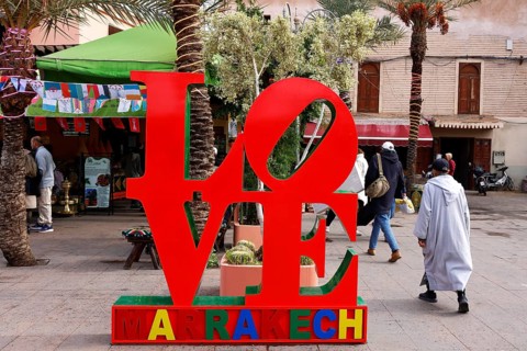 Large display Love Marrakesh on a market in Marrakech, historic old town, Medina, UNESCO World