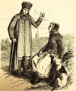 Upper Silesian costumes, portrait of man and woman, long coat, walking stick, fur hat, apron,