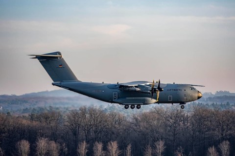 Airbus A400 transport aircraft of the German Air Force, landing at Cologne/Bonn airport, CGN,