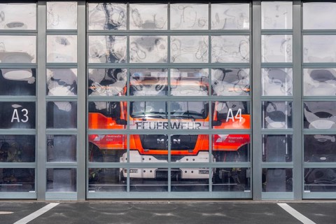 Fire department, fire station, modern guard, silver façade, glass gates, emergency vehicle, fire