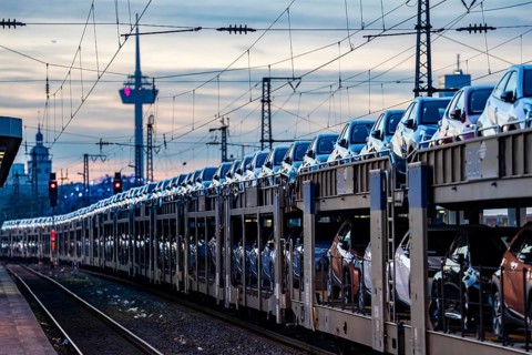 Car train, transport of Toyota small cars with a freight train from BLG Logistics, a logistics
