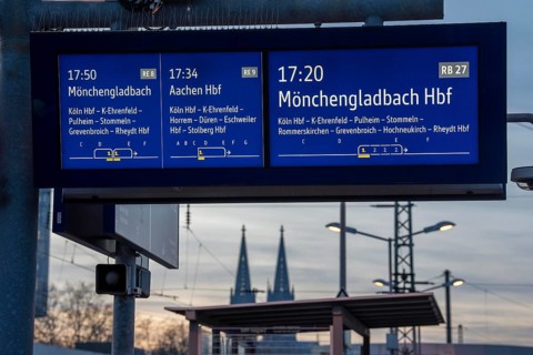 Display board, timetable, on the platform, Cologne-Messe/Deutz station, 2nd largest train station
