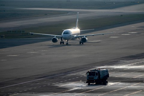 Eurowings Airbus after landing on the taxiway to terminal, at Cologne/Bonn airport, CGN, road