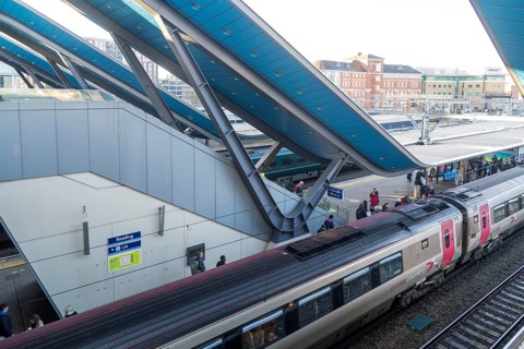 Modern architecture Class 220 Voyager diesel-electric multiple unit train, Reading railway station,