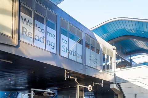 Modern architecture of railway station building redevelopment, Welcome to Reading station,
