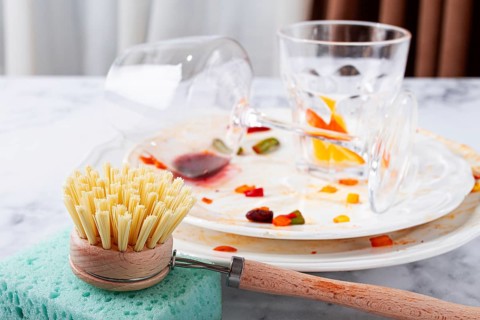 Dishes are stacked on a kitchen counter with food remnants after a meal. A cleaning brush and