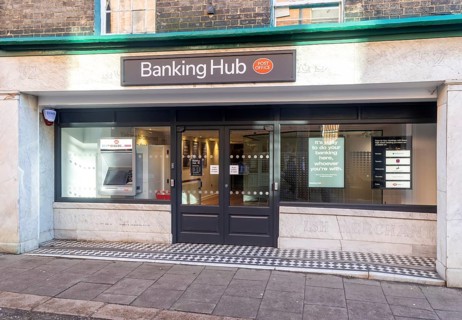 Newly opened banking hub service in the the Thoroughfare, Woodbridge, Suffolk, England, UK