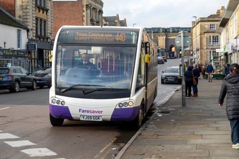 Optare Solo SR midibus single decker bus operated by Faresaver 44D service, town centre of