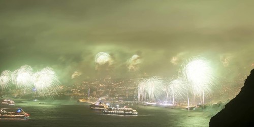 New Year's Eve fireworks, dusk, Atlantic Ocean, harbour with cruise ships, Funchal, Madeira,