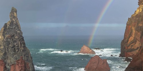 Sunset, rainbow at sea, volcanic peninsula, Ponta de São Lourenço, Ponta de Sao Lourenco, rocky