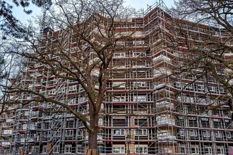 Scaffolding on a high-rise building at Tegel Harbour, Berlin, Germany