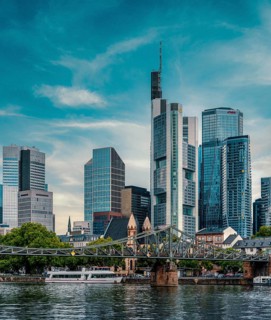 The Iron Bridge with the skyscrapers of Frankfurt's banking district, Frankfurt am Main, Hesse,