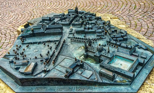 Bronze portrait of the city view of the baroque quarter in Fulda, Hesse, Germany
