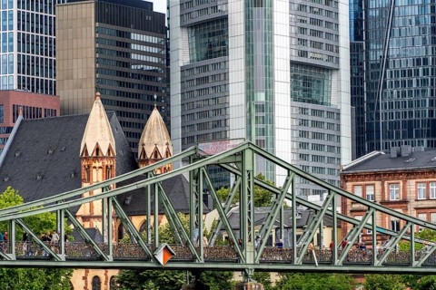 The Iron Bridge with the skyscrapers of Frankfurt's banking district, Frankfurt am Main, Hesse,