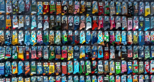 Window decoration with colorful socks, Potsdam, Brandenburg, Germany