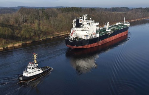 Tanker, oil tanker MIAMI LIGHT sails with a tug through the Kiel Canal, NOK, Kiel Canal, Kiel